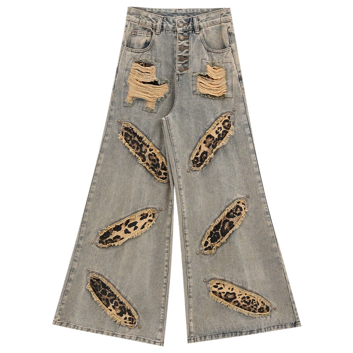y2k-kawaii-fashion-Leopard Patchwork Wide-Leg Jeans-Pinky Dollz