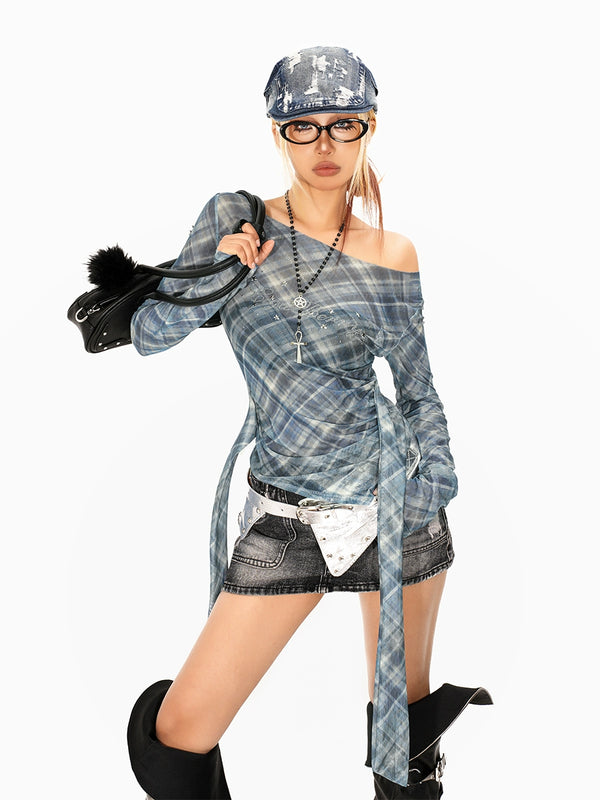 y2k-kawaii-fashion-Blue Plaid Off-Shoulder Wrap Top-Pinky Dollz