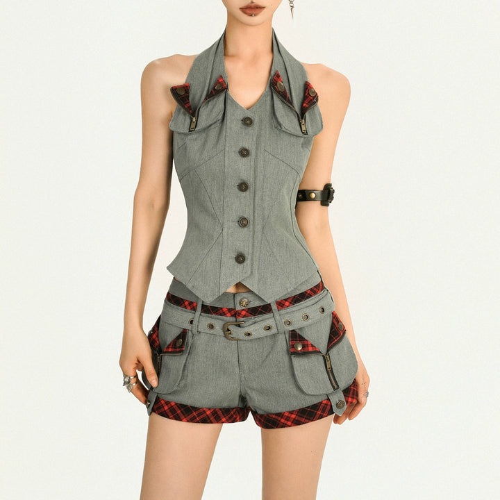y2k-kawaii-fashion-Grey Utility Plaid Vest-Pinky Dollz