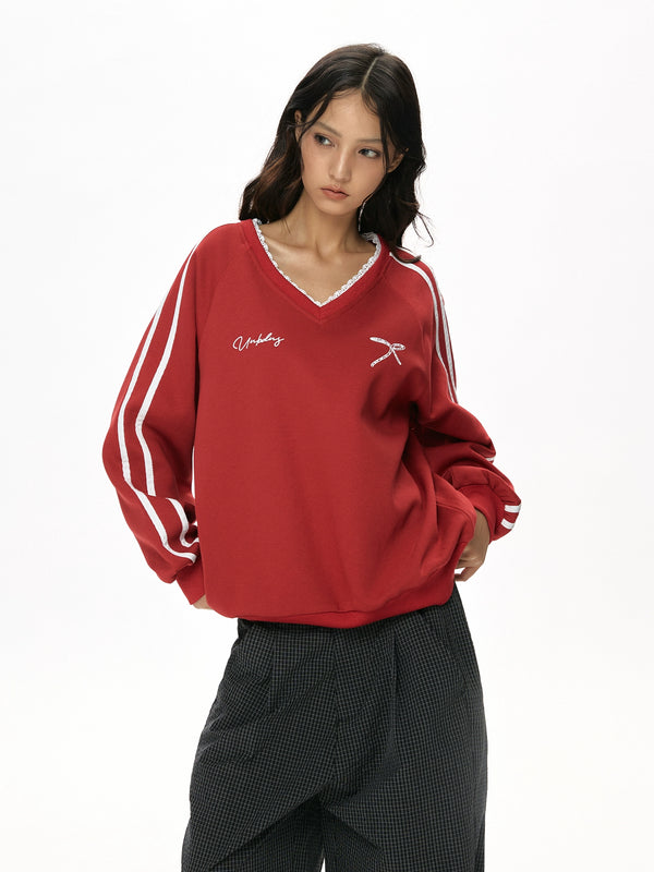 y2k-kawaii-fashion-Lace-Trim Striped V-Neck Long Sleeve Top-Pinky Dollz