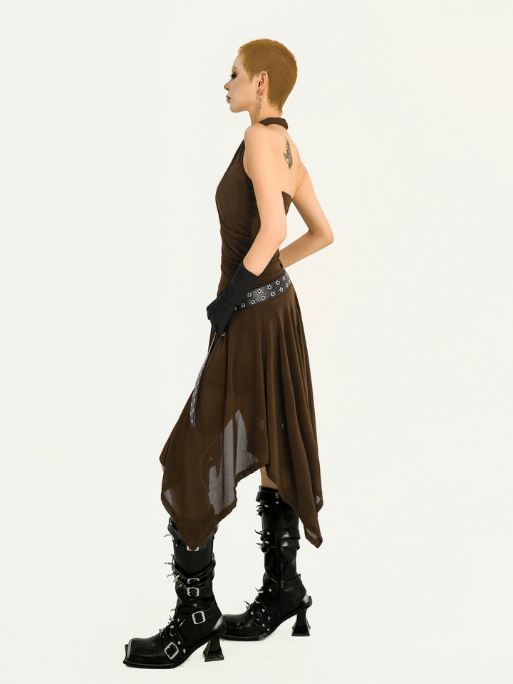 y2k-kawaii-fashion-Brown Halter Asymmetrical Dress-Pinky Dollz