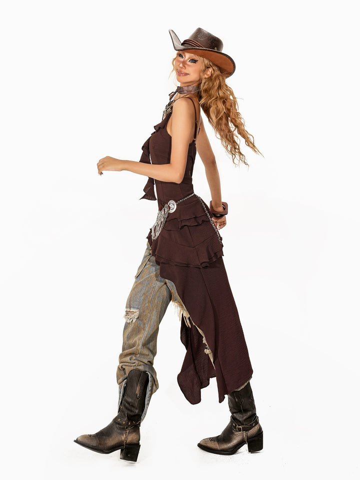 y2k-kawaii-fashion-Brown Ruffle Layered Dress-Pinky Dollz