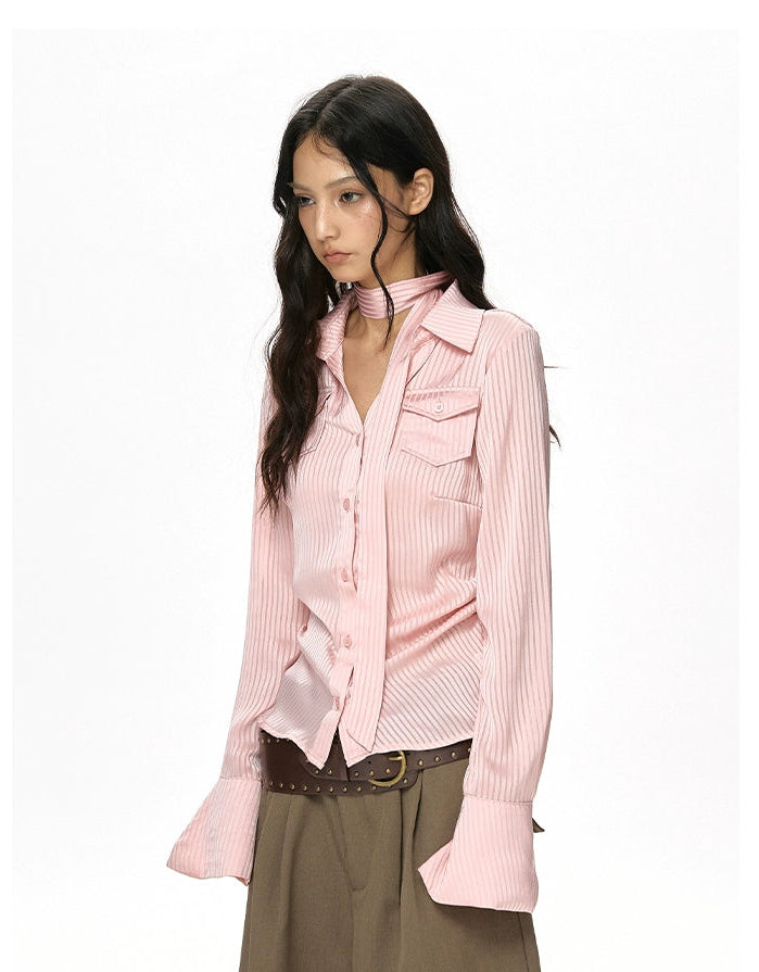 y2k-kawaii-fashion-Pink Satin Striped Ribbon Shirt-Pinky Dollz