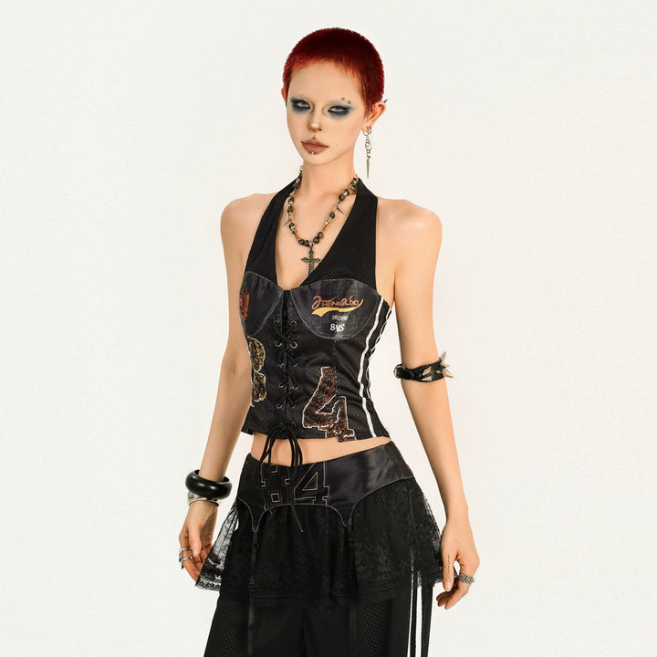 y2k-kawaii-fashion-Black Corset Top & Wide-Leg Track Pants Set-Pinky Dollz