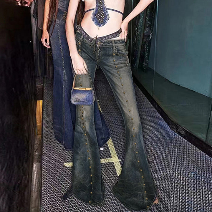 y2k-kawaii-fashion-Low Rise Studded Flare Jeans-Pinky Dollz