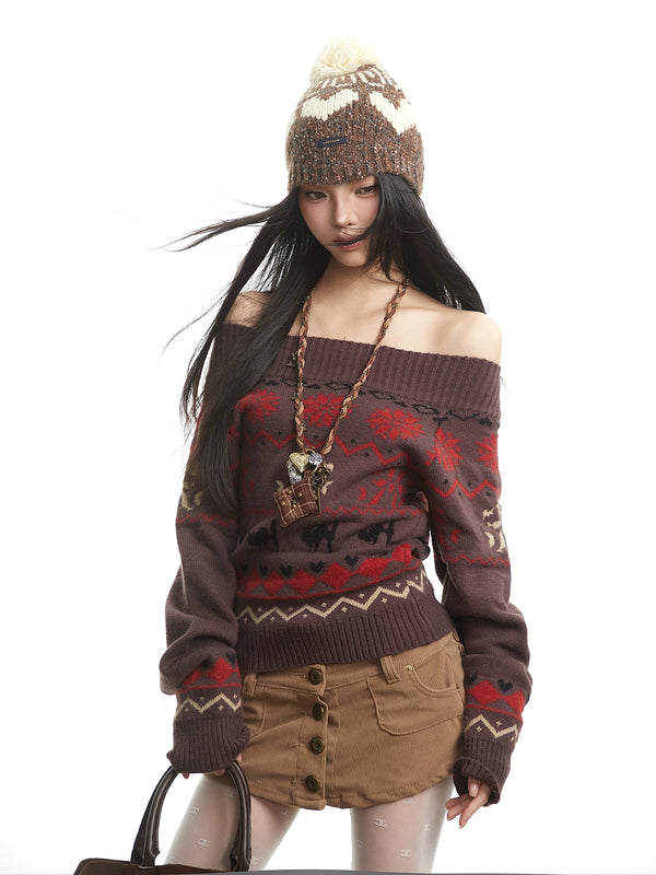 y2k-kawaii-fashion-Off-Shoulder Snowflake Knit Sweater-Pinky Dollz