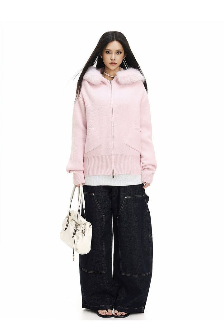 y2k-kawaii-fashion-Faux-Fur Hooded Cardigan with Detachable Plush Collar-Pinky Dollz