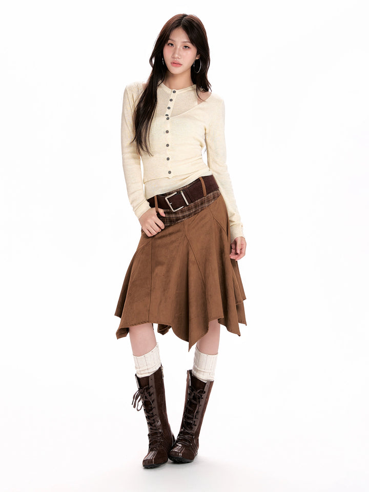 y2k-kawaii-fashion-Plaid Panel Asymmetrical Midi Skirt-Pinky Dollz