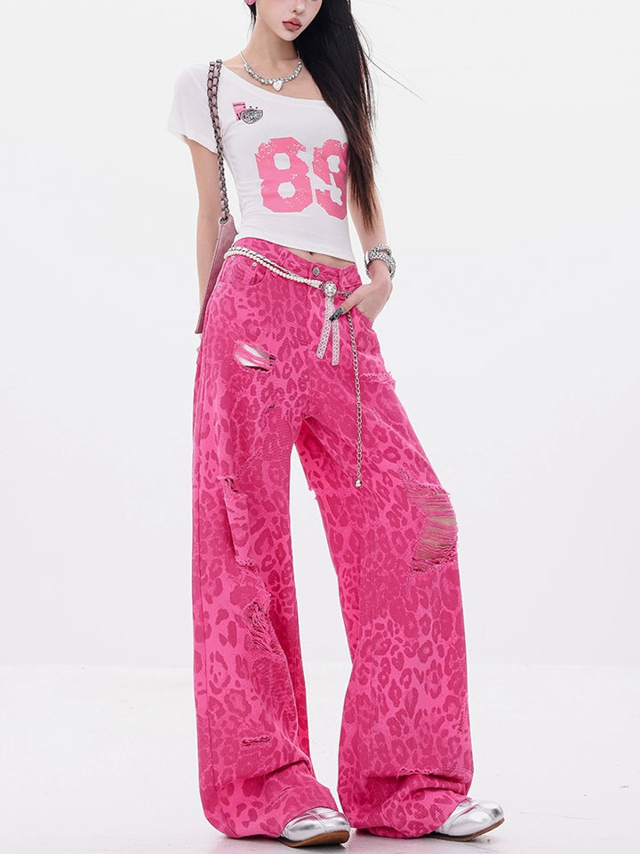 y2k-kawaii-fashion-Hot Pink Ripped Leopard Jeans-Pinky Dollz