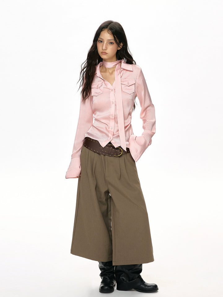 y2k-kawaii-fashion-Pink Satin Striped Ribbon Shirt-Pinky Dollz