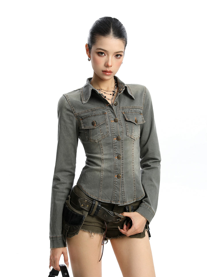 y2k-kawaii-fashion-Washed Fitted Denim Shirt-Pinky Dollz