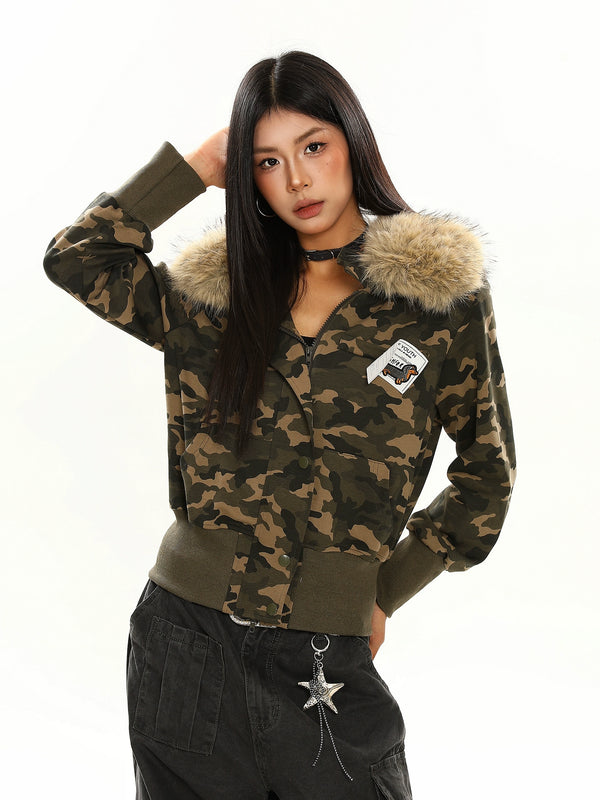 y2k-kawaii-fashion-Camo Faux Fur Trim Jacket-Pinky Dollz