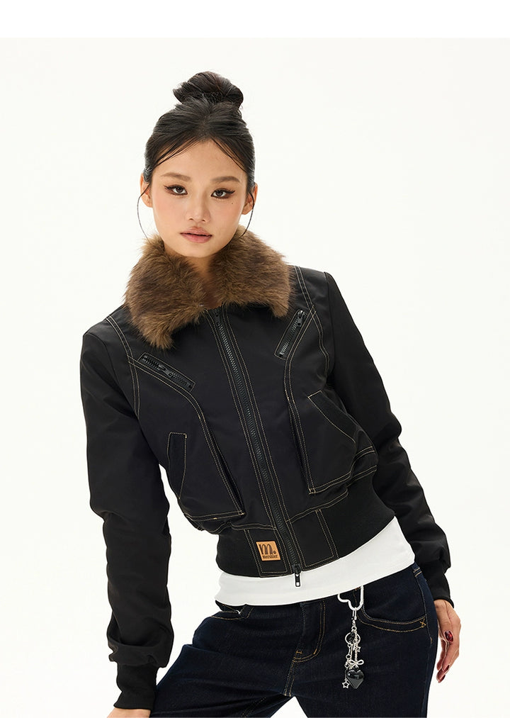 y2k-kawaii-fashion-Fur Collar Bomber Jacket-Pinky Dollz