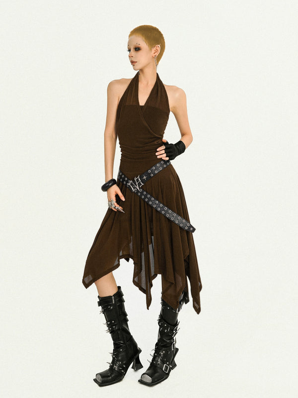 y2k-kawaii-fashion-Brown Halter Asymmetrical Dress-Pinky Dollz