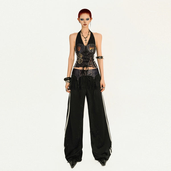 y2k-kawaii-fashion-Black Corset Top & Wide-Leg Track Pants Set-Pinky Dollz