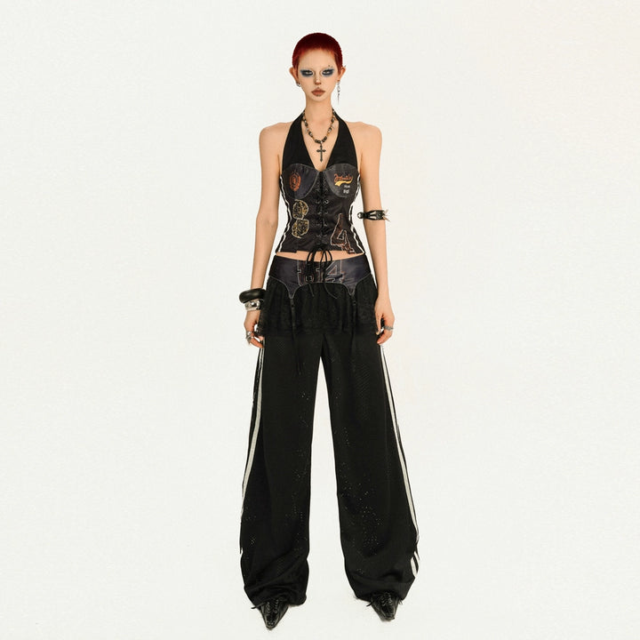 y2k-kawaii-fashion-Black Corset Top & Wide-Leg Track Pants Set-Pinky Dollz