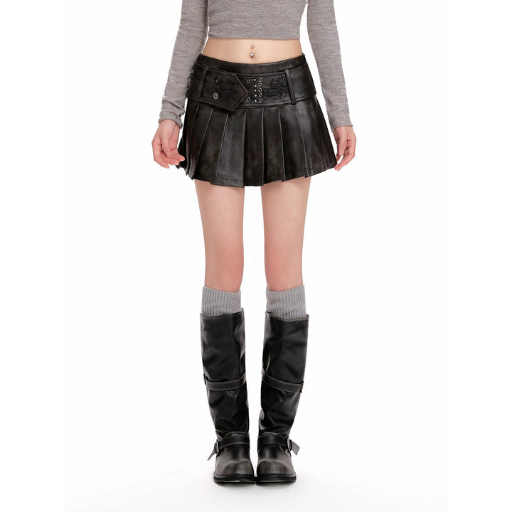 y2k-kawaii-fashion-Vintage Pleated Leather Mini Skirt-Pinky Dollz