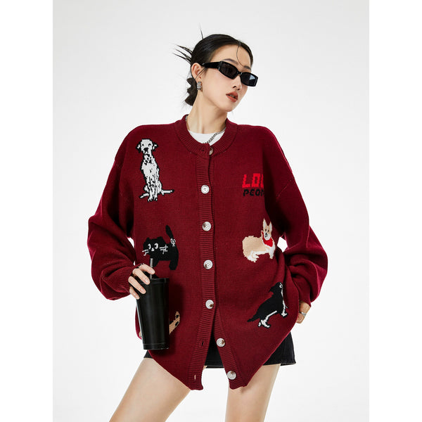 y2k-kawaii-fashion-Dog Print Oversized Knit Cardigan-Pinky Dollz