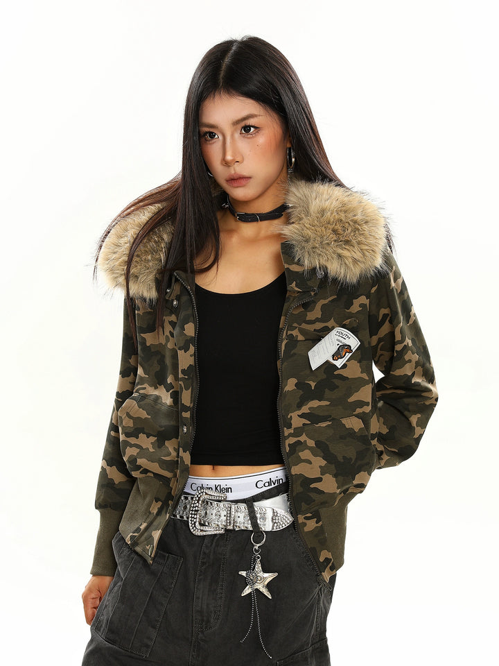 y2k-kawaii-fashion-Camo Faux Fur Trim Jacket-Pinky Dollz