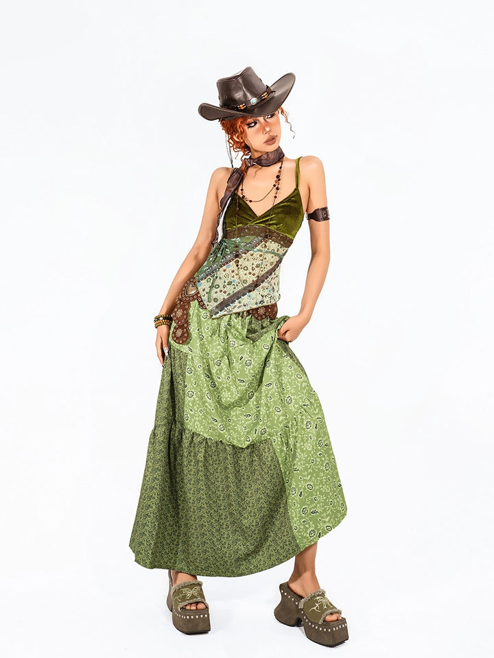 y2k-kawaii-fashion-Green Patchwork Maxi Dress-Pinky Dollz