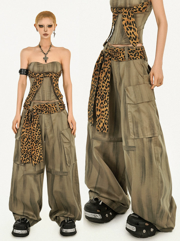 y2k-kawaii-fashion-Khaki Wide-Leg Cargo Trousers-Pinky Dollz