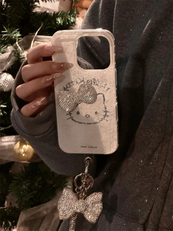 y2k-kawaii-fashion-Hello Kitty Silver Rhinestone Bow Phone Case-Pinky Dollz