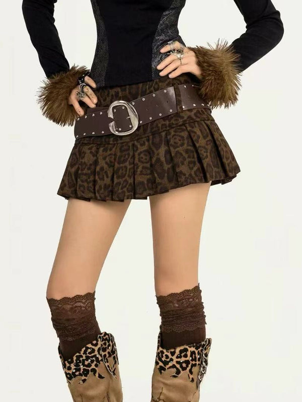 y2k-kawaii-fashion-Leopard Pleated Mini Skirt-Pinky Dollz