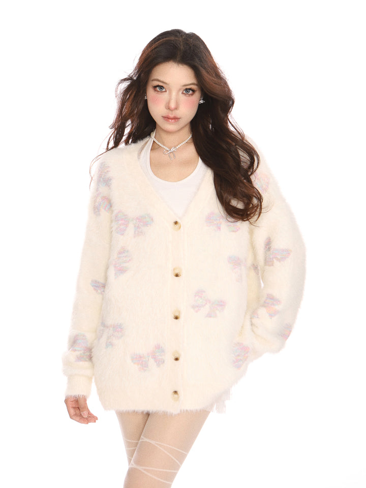 y2k-kawaii-fashion-Pastel Bow Fuzzy Cardigan-Pinky Dollz