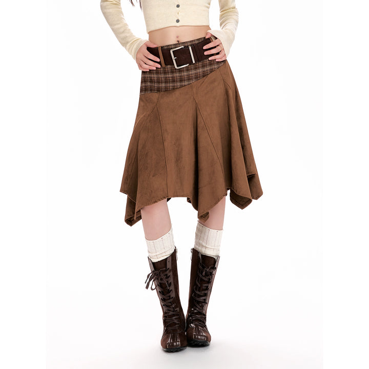 y2k-kawaii-fashion-Plaid Panel Asymmetrical Midi Skirt-Pinky Dollz