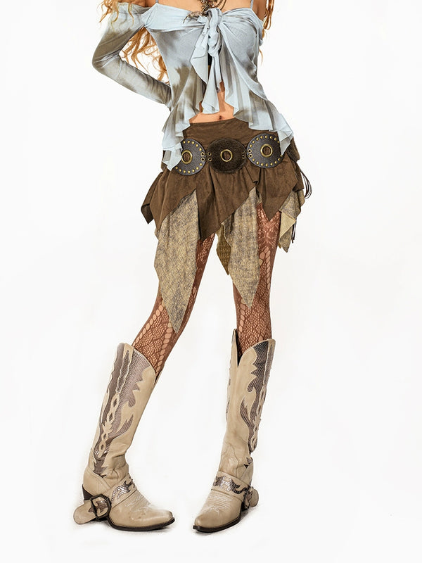 y2k-kawaii-fashion-Boho Patchwork Asymmetric Mini Skirt-Pinky Dollz