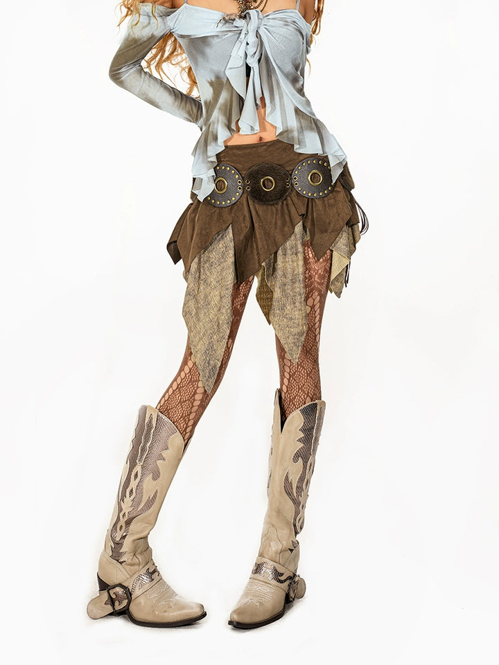 y2k-kawaii-fashion-Boho Patchwork Asymmetric Mini Skirt-Pinky Dollz