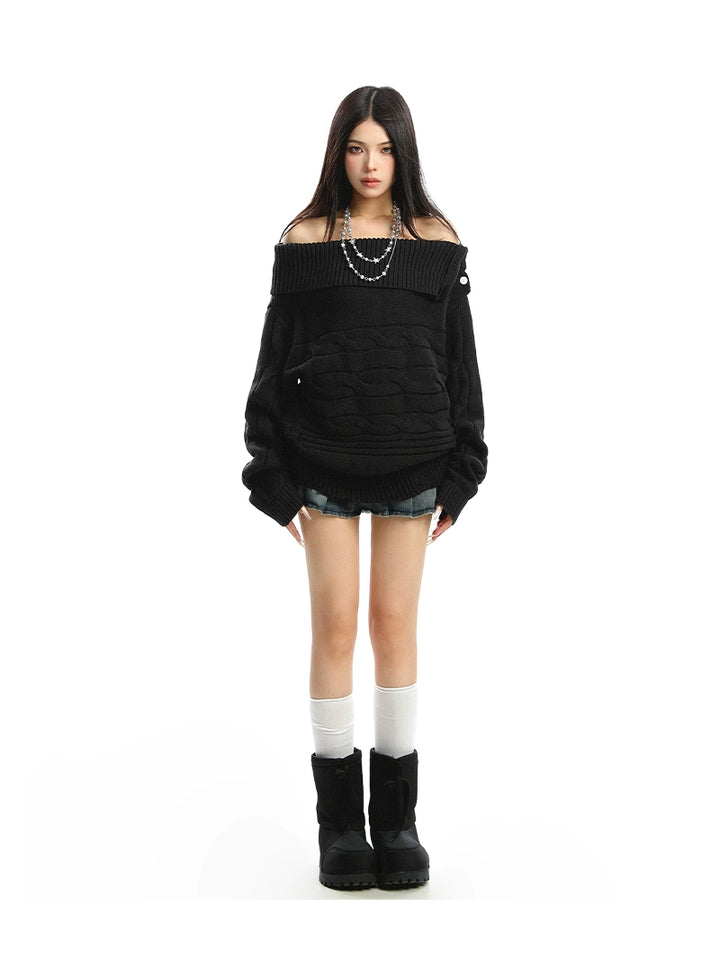 y2k-kawaii-fashion-Off-Shoulder Knit Sweater-Pinky Dollz