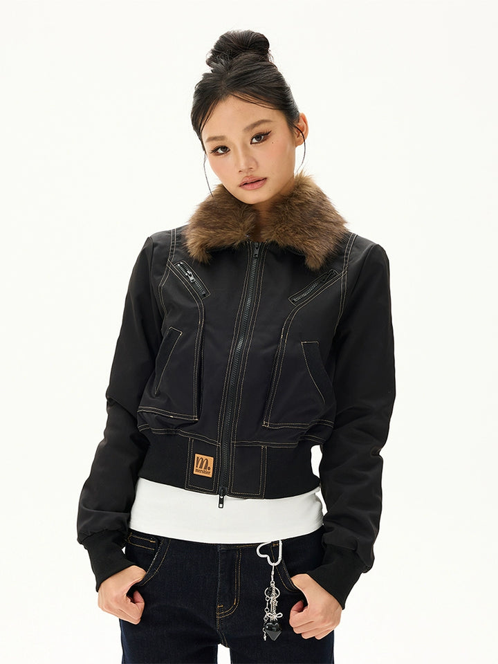 y2k-kawaii-fashion-Fur Collar Bomber Jacket-Pinky Dollz