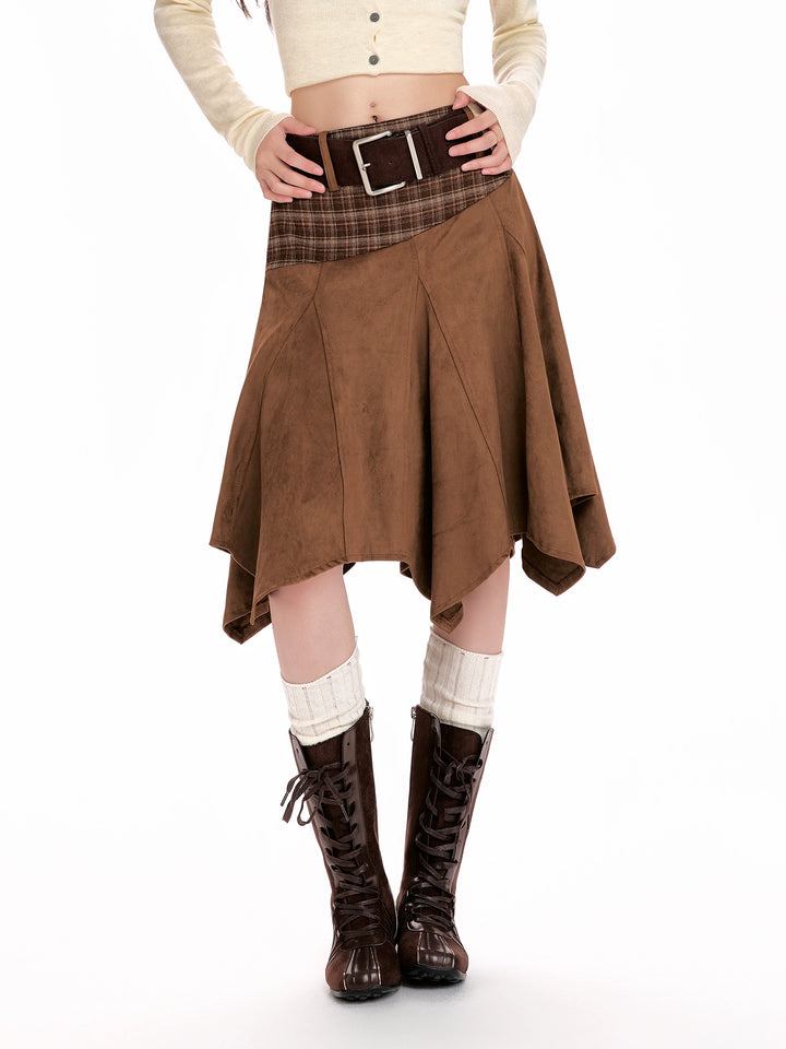 y2k-kawaii-fashion-Plaid Panel Asymmetrical Midi Skirt-Pinky Dollz