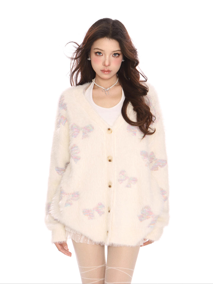 y2k-kawaii-fashion-Pastel Bow Fuzzy Cardigan-Pinky Dollz