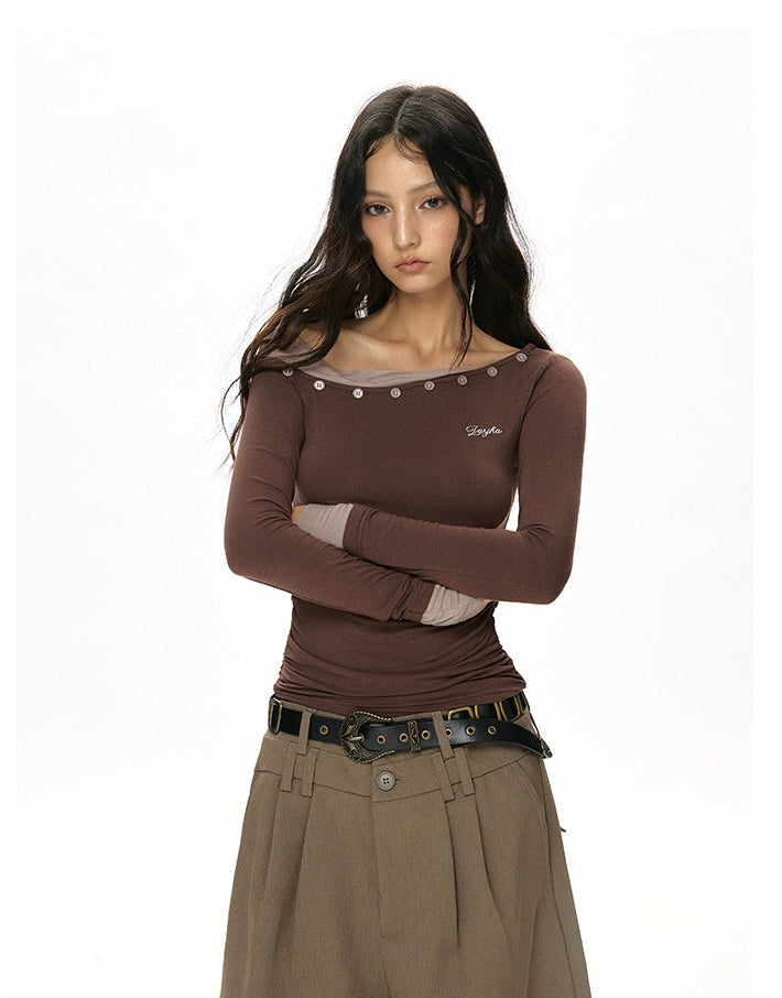 y2k-kawaii-fashion-Off-Shoulder Layered Long Sleeve Top-Pinky Dollz