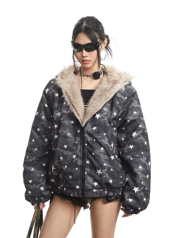 y2k-kawaii-fashion-Starlight Camo Faux-Fur Zip Jacket-Pinky Dollz