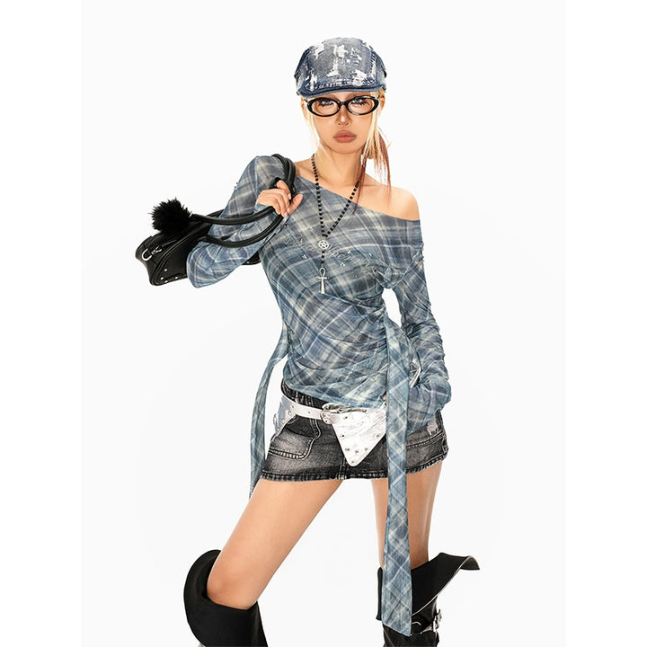 y2k-kawaii-fashion-Blue Plaid Off-Shoulder Wrap Top-Pinky Dollz