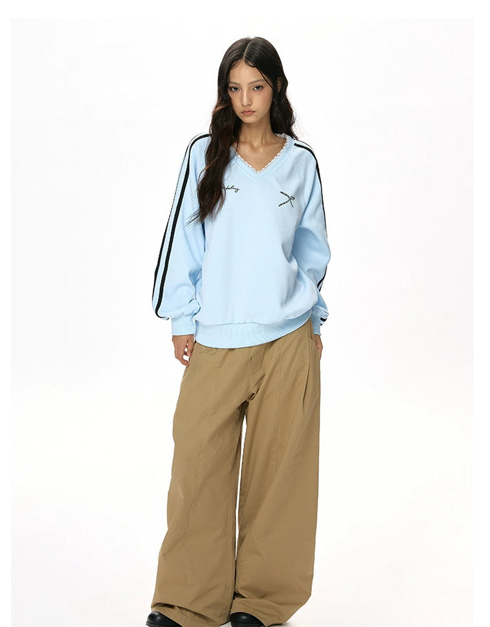 y2k-kawaii-fashion-Lace-Trim Striped V-Neck Long Sleeve Top-Pinky Dollz