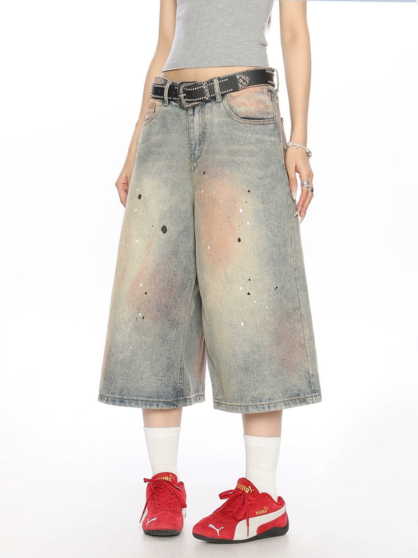 y2k-kawaii-fashion-Wide Ink Wash Denim Shorts-Pinky Dollz