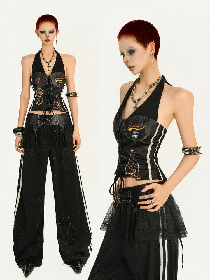 y2k-kawaii-fashion-Black Corset Top & Wide-Leg Track Pants Set-Pinky Dollz