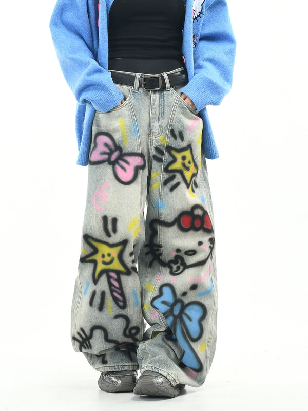 y2k-kawaii-fashion-Hello Kitty Graffiti Wide-Leg Jeans-Pinky Dollz