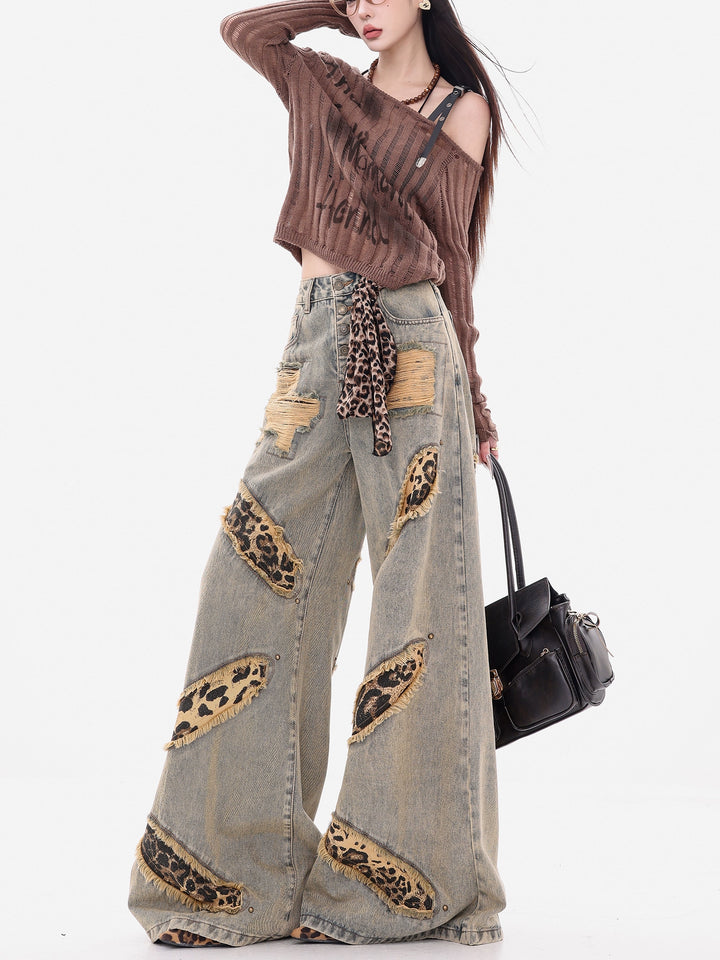 y2k-kawaii-fashion-Leopard Patchwork Wide-Leg Jeans-Pinky Dollz