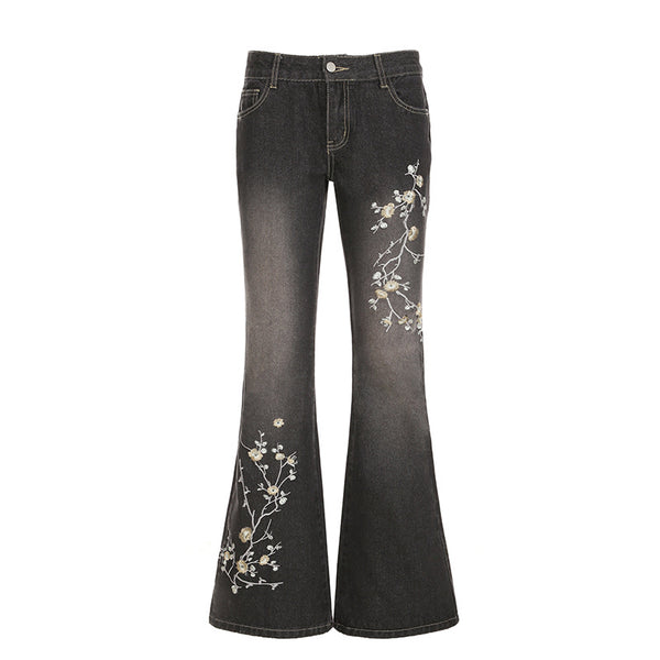 y2k-kawaii-fashion-Mid Rise Embroidered Flare Jeans-Pinky Dollz
