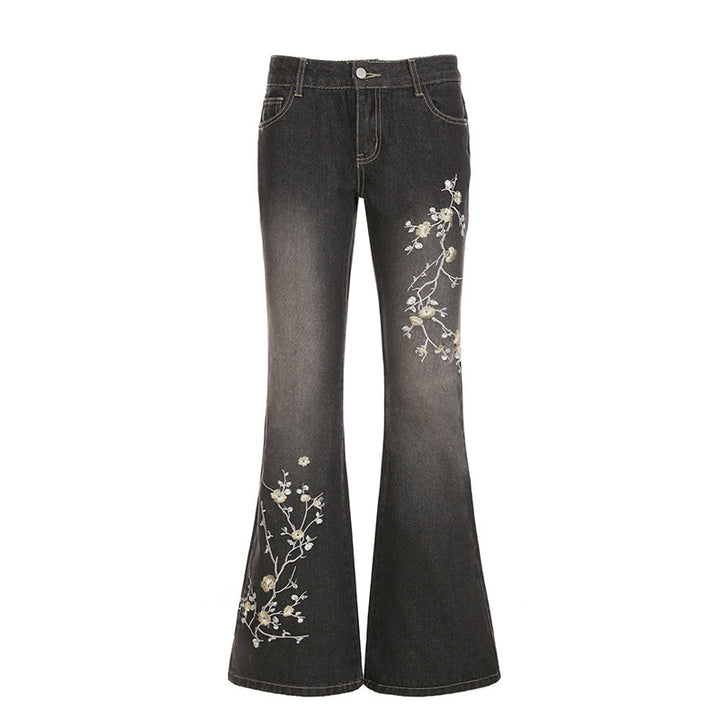 y2k-kawaii-fashion-Mid Rise Embroidered Flare Jeans-Pinky Dollz