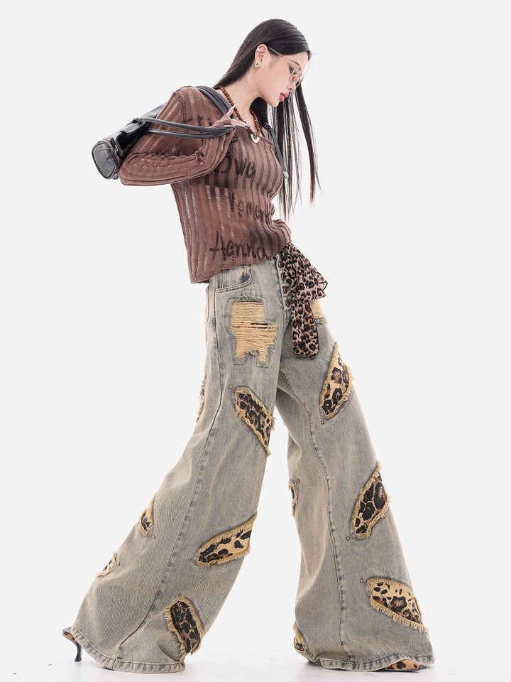 y2k-kawaii-fashion-Leopard Patchwork Wide-Leg Jeans-Pinky Dollz