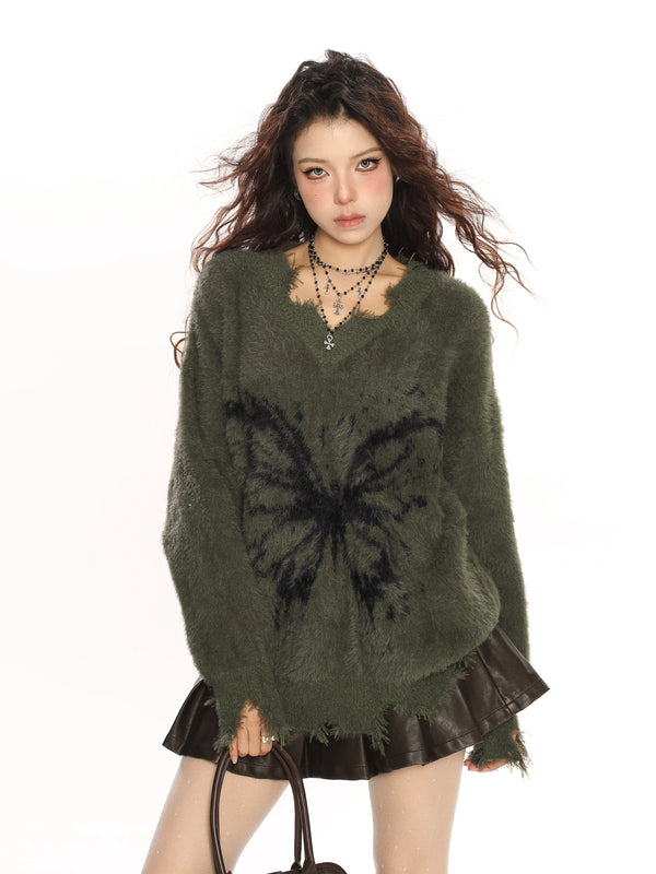 y2k-kawaii-fashion-Oversized Fuzzy Butterfly Sweater-Pinky Dollz