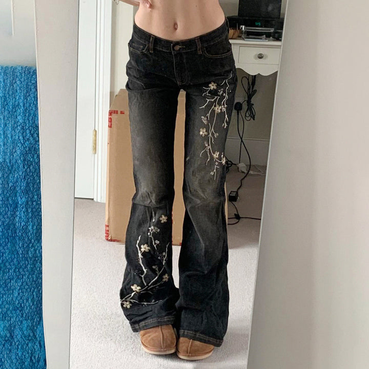 y2k-kawaii-fashion-Mid Rise Embroidered Flare Jeans-Pinky Dollz