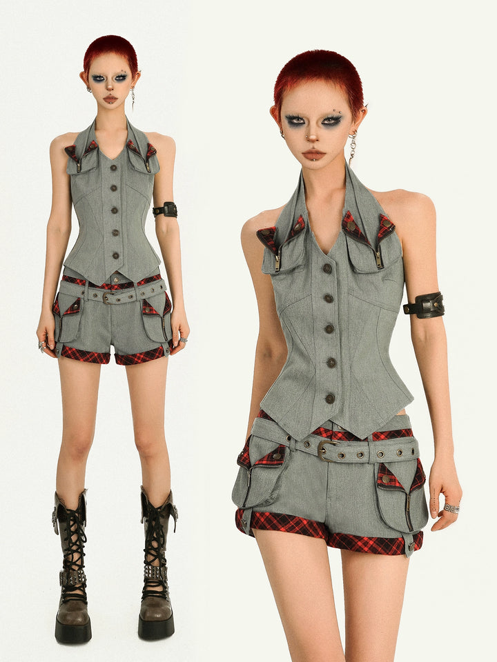 y2k-kawaii-fashion-Grey Utility Plaid Vest-Pinky Dollz