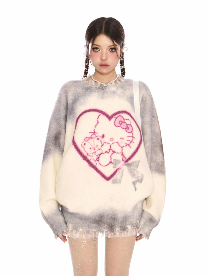 y2k-kawaii-fashion-Hello Kitty Heart Fuzzy Sweater-Pinky Dollz
